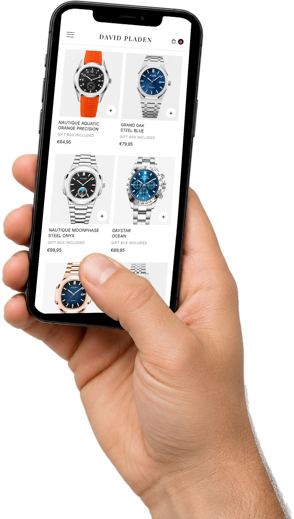 A hand holding a phone showing the David Pladen watches