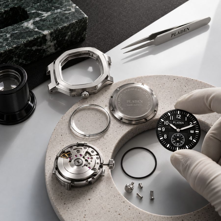 Case, dial and parts laid out on the bench